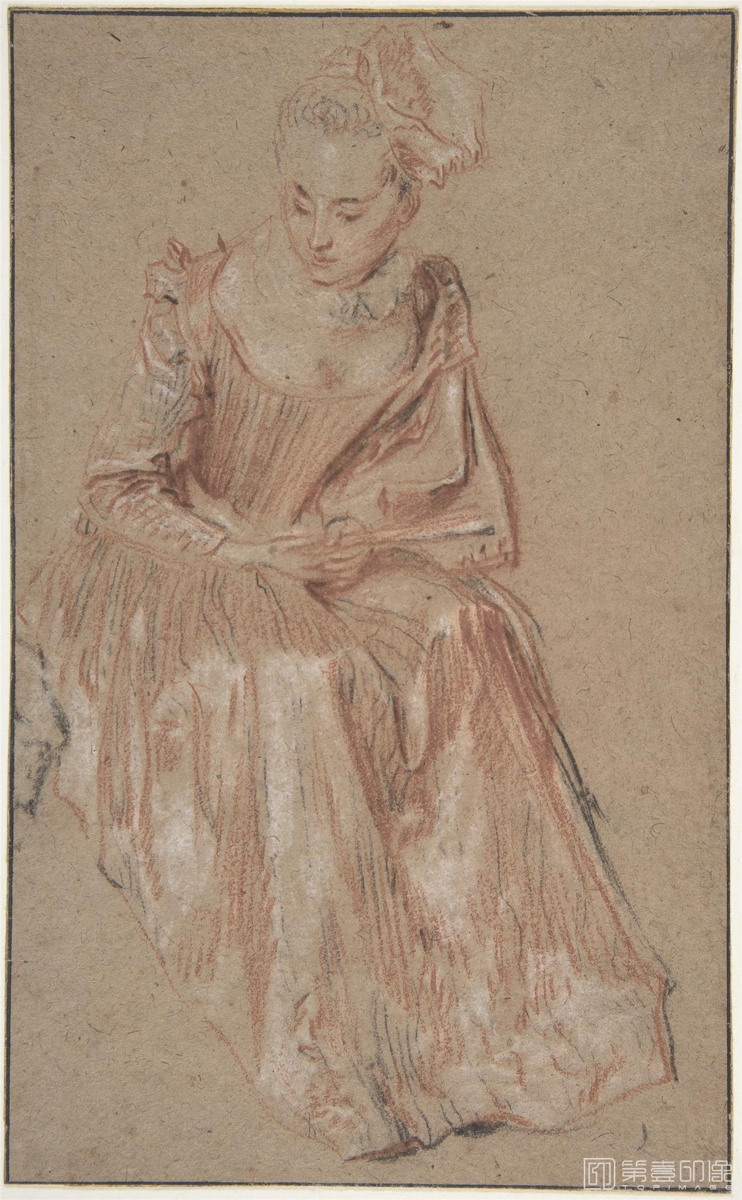 素描-美国纽约大都会美术馆素描藏画-Antoine WatteauSeated Woman Holding a Fan-0177